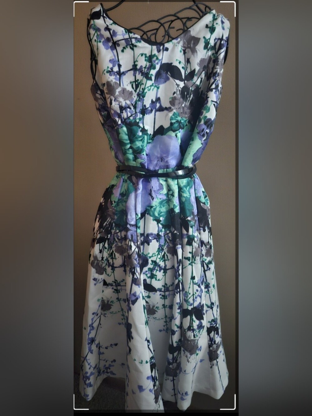 White Midi Dress with Purple & Green Floral Print
